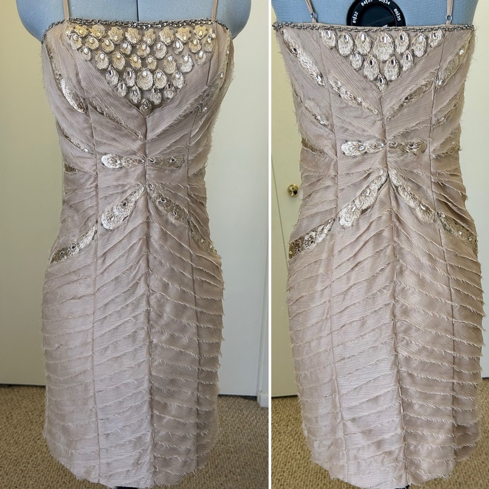 Sue Wong Tan Pleated Ruched Cocktail Dress